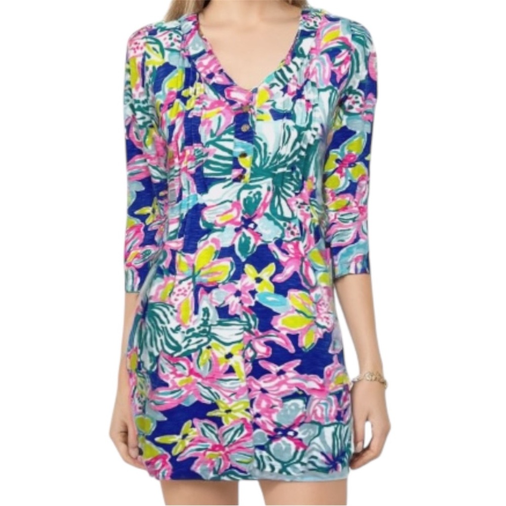 Lilly Pulitzer Dress Amberly Iris Blue Casa Azul Sz XXS Cotton Modal Gold Detail